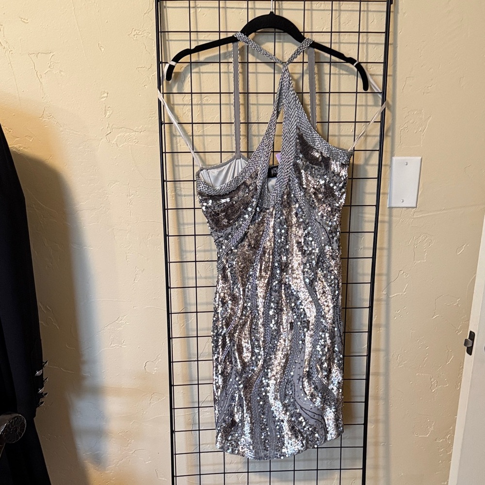 Adrianna Papell Silver Sequin Strapped Mini Dress with exposed back